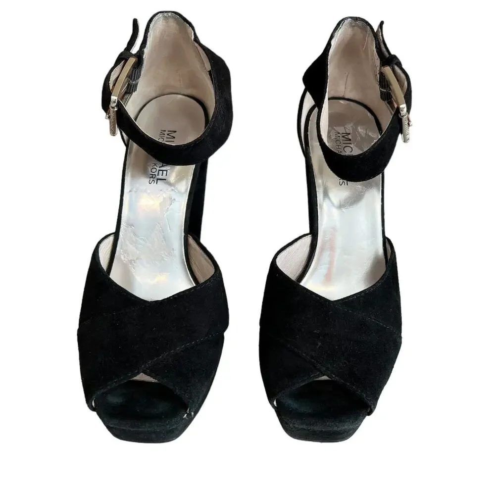 Michael Kors sky high Suede platform Heels Ankle strap detail Black 6.5